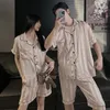 メンズスリープウェアカップルパジャマセットホームウェアサマーショートパンツパジャマラバーズスリープウェアサテン家庭用衣料品