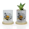 Vasos suculentos de sublimação, vaso de vidro para plantar flores com bandeja de bambu, vaso de vidro para decoração de mesa de escritório doméstico