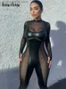 Kvinnors jumpsuits Rompers Hawthaw Women 2022 Autumn Sexig långärmad mesh Se genom Club Bodycon Black Jumpsuit Oagel One Piece Outfit Streetwear T231023