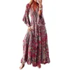 Abiti casual Donna Bohemian Floral Puff Manica lunga Abito fluido Abito arricciato a strati Swing Beach Boho Maxi Vestito estivo