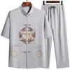 Tute da uomo stile cinese Tang Suit Set manica corta pantaloni lunghi Tradizione Drago Ricamo Kung Fu Raso di seta Wu Shu Tai Chi Set 231023