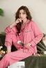 Women's Sleepwear Spring Pink White Striped Printed Satin Turn-Down Collar Long Sleeve Shirt Pants Women Pajama Two-Piece Homewear Nightwear