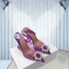 Amina Muaddi Womens Sandals Leather Sole Designer High Heels 10cm Crystal Sunflower Diamond Chain Decoration Bankett Kvinnor Röd PVC Bröllop Sexiga formella skor3