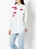 Blusas femininas manga longa blusa de seda lábios impressão único breasted chemise 2023 senhora turn-down colarinho camisa branca topos
