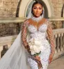 Saprkly Sequined Crystals African Girls Mermaid Wedding Dresses Plus Size High Collar Trumpet Bridal Gown With Illuion L