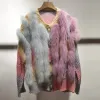 Women Winter Real Fox Fur Coat Plus Size Hit Color Striped Knitted Cardigan Outwear With Genuine Fur Luxury Autumn