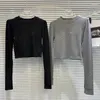 القمصان tirts النسائية Prepomp 2023 Autumn Winter Collection Long Sleeve Round Neck Rhinestone Diamonds Shirt Women GM208