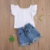 Kläder sätter 1-6 år Baby Kid Kid's See Through Two Piece Set-knäppt rund hals spets axelkorrband hög midja korta jeans