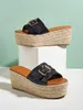 Slippers Platform Rattan Grass Woven Wedges Women's Summer Slip On Slides Muller Shoes Pumps Belt Buckle Solid Color PU Leather