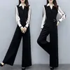 Calças femininas de duas peças primavera elegante casual mulheres macacão manga longa v pescoço vintage solto macacão femme moda coreano wilg perna calça