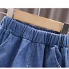 Kläderuppsättningar 2023 Summerkläder Set för Baby Girl Toddlers spetsskjorta Jeans Shorts 2st Söt outfit födelsedagsdräkt barn casual