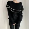 Suéteres femininos suéter oversized elegante dupla camada plissado contraste fora do ombro design solto preto manga comprida malha y2k top