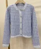 Kvinnors tröjor Autumn Collections Blue Plaid Mettalic Sticked Short Wool Sweater/ Cardigan S M L231023