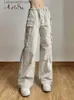 Kadın Pantolon Capris Y2K Bej Baggy geniş bacak eşofmanları çizmek düşük bel kargo pantolonları rahat düz pantolon katı Kore moda sonbahar T231023