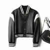 Women's Leather 2023 Genuine Coat Spring Sheepskin Shoulder Drop Black And White Contrast Motorcycle Jacket Baseball