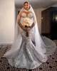 Saprkly Sequined Crystals African Girls Mermaid Wedding Dresses Plus Size High Collar Trumpet Bridal Gown With Illuion L