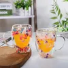 Tasses créatives en verre à Double paroi, tasse de remplissage Flash de conque à vraie fleur, cadeaux à la main à haute teneur en Borosilicate avec poignées