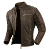 Veste en cuir synthétique pour homme, veste en cuir naturel pour homme, première couche en cuir de veau, col montant, veste de moto rétro marron en cuir de vache, vêtements de motard pour hommes 231021