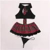 Bras Sets 2023 Sexy Lingerie British Style Vest Lace Plaid Skirt Tie Open Bra Thongs Sm Cosplay School Girl Erotic Set Drop Delivery Dhljd