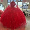 Красные блестящие платья Princess Quinceanera с мысом ручной работы с цветочным аппликацией шнурки корсет vestidos de 15 anos