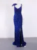 Party Dresses Royal Blue V Neck Backless Cocktail Dress Sexy Slit Sleeveless Strap With Bow Long Mermaid Prom Gown Velvet Stretch Sequin