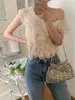 Camisoles Tanks Alien Kitty S-M Apricot Blouses Ruffles Daily Summer Gentle Skew Collar Tank Tops Slim Elegant Office Lady Chic Solid 231023