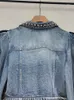 Womens Jackets High Street Women Puff Sleeve Short Shiny Diamonds Nitets Denim Jacket Slim Fit Female Scen Show Coat Crystal Tops 231021