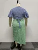 Рабочие платья WUHE Полосатый женский комплект Фонарь с короткими рукавами, блузка с v-образным вырезом и рюшами с высоким боковым разрезом 2023, сексуальные наряды из двух предметов