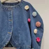 Kvinnors jackor faller 2023 Tung tredimensionell blommor Design Puff Sleeve Single-Breasted Denim Jacka Kvinnor yttre slitage Croped Coat