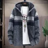 Men's Sweaters 2023 Striped Cardigan Winter Sweater Hooded Faux Fur Wool Cold Blouse Casual Windbreaker Fleece Jumper Knit Korean Jacket