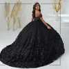 Robe de bal noire chérie perlée princesse Quinceanera robes appliques volants robe de fête d'anniversaire doux 16 robes De 15 ans
