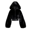 Women futra Faux Winter Rabbit Street Coat Zipper Streetwear High talia Furry z kapturem pluszowa kurtka Cardigan Parkas 231023