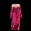 Casual klänningar Ankomst Kvinnor Celebrity Sparkly Prom Dress Luxury Mesh Splice Red paljetter Slim Fit Midi Long Christmas Evening Party