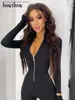 Women's Jumpsuits Rompers Hawthaw Women Long Sleeve Zipper Bodycon Black White Jumpsuit Overalls 2022 Spring Autumn Clothes Wholesale Items Dropshipping T231023