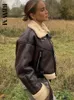 Women's Leather Faux Leather Woman's Fashion Thick Warm Faux Shearling Jacket Coat Vintage Long Sleeve Belt Hem Female Outerwear Chic Tops 231023