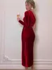 Urban Sexy Dresse Elegant Long Sleeve Party Evening Velvet Bodycon Split Pencil Midi Dress 2023 Spring Autumn Clothes 231023