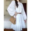 Vestidos casuais elegância manga longa o-pescoço doce laço costura branco verão cinto fada solta mostrar fino a-line mini