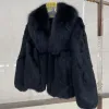 100% Genuine Whole Skin Rabbit Fur Coat with luxury Real Natural Fox Fur Collar Jacket Full Pelt Rabbit Fur Overcoat