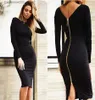 Robes sexy urbaines Sexy dos zippé manches longues genou longueur robe femmes noir dos nu robe moulante élégante robe de soirée fendue 2019 T231023