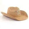 Suede Top Hat Män kvinnor Rhinestone Fempunktsstjärna Western Big Brim Cowboy Hat Unisex Wide Brim Outdoor Sun Hat Jazz Felt Cap