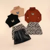 Clothing Sets Girls' Outfits Two Pieces Winter Skirts Suit Fashion Butterfly Long Sleeve Tops And Leopard/Leather Short Skirt