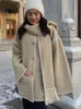 Mulheres misturas de lã vintage jaqueta de lã feminina moda borla com cachecol feminino inverno casual solto único breasted casaco quente 231023