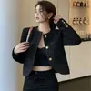 レディースウールブレンド韓国の女性ウールジャケットビンテージエレガントツイードクロップドコートハラジュクソリッドオックブラックシンプルデザインオフィスレディートップ231023