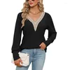 Women's T Shirts Clothing Fall Winter Fashion Hollow Lace Patchwork Ribbed Elegant T-shirts Casual Long Sleeve V Neck Loose Pullover Tops