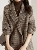 Costumes pour femmes Blazers Vintage pied-de-poule femmes laine Blazer Double boutonnage Plaid femme costume veste mode coréenne vêtements d'extérieur lâche Blaser manteau 231021