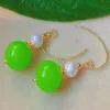 Kolczyki Dangle Fashion Zielona okrągła Chalcedony White Pearl Bead Gold Easter Holiday Gifts Fool's Day Lucky