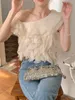 Camisoles Tanks Alien Kitty S-M Apricot Blouses Ruffles Daily Summer Gentle Skew Collar Tank Tops Slim Elegant Office Lady Chic Solid 231023