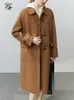 Women's Wool Blends FSLE 100% Wool Double-sided Woolen Horn Button Coat Temperament Camel Mid Length Straight Coat Office Lady Polo Neck Wool Jacket 231021