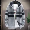 Men's Sweaters 2023 Striped Cardigan Winter Sweater Hooded Faux Fur Wool Cold Blouse Casual Windbreaker Fleece Jumper Knit Korean Jacket