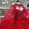 Robe princesse rouge brillante Quinceanera, avec Cape, motif Floral fait à la main, perles appliquées, Corset de bal, 15 ans